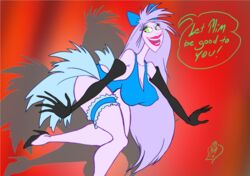 1girls 2017 artist_signature big_breasts breasts cleavage cosplay crossover dated disney disney_villains english english_text female female_focus female_only gilf green_eyes high_heels huge_breasts large_breasts legs lipstick long_hair madam_mim mature_female miss_kitty_mouse miss_kitty_mouse_(cosplay) mistersnow_(artist) open_mouth purple_hair shadow smile solo solo_female solo_focus stockings teeth text the_great_mouse_detective the_sword_in_the_stone thigh_strap tongue witch