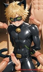5boys adrien_agreste ai_generated attached black_mask blonde_hair bondage boy_rape cat_noir chat_noir clenched_teeth cum cum_dripping_from_penis erection excessive_precum full_body_suit gay_sex green_eyes hand_behind_back male male_only miraculous:_tales_of_ladybug_and_cat_noir miraculous_ladybug muscular muscular_male penis penis_out penis_out_of_pants precum raped uncensored vraiphenix