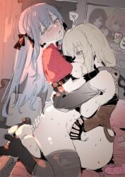 2girls bang_dream! bang_dream!_it's_mygo!!!!! bar_censor black_thighhighs blonde_hair blue_hair blush breasts censored commentary dildo doloris_(bang_dream!) english_commentary female futa_with_female futanari gsusart heart hug intersex long_hair medium_breasts medium_hair misumi_uika multiple_girls oblivionis_(bang_dream!) open_mouth penis red_shirt sex_toy shirt short_sleeves sidelocks sumimi_(bang_dream!) sumita_mana sweat thighhighs togawa_sakiko yellow_eyes