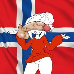 1boy 1girl balls blush colored_skin drawfag dress flag flag_background hands_up hetero lily_animation norway open_mouth penis penis_over_eyes ponytail precum red_dress shrug shrugging smile solo sweat testicles thighs veiny_penis white_hair white_skin youtube youtuber