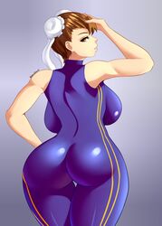 ass backboob breasts brown_eyes brown_hair chun-li huge_ass huge_breasts large_breasts skintight sowilo street_fighter thick_thighs thighs thin_waist