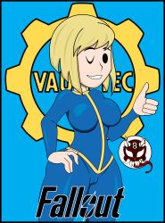 8ball9615 big_breasts blonde_female breasts cameltoe dot_eyes fallout fallout_(series) female mob_face short_hair smiling solid_eyes thumbs_up vault_girl vault_suit winking_eye