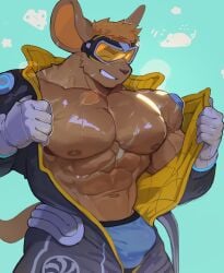 2025 anothereidos_of_dragon_vein_r anthro bara brown_body bulge cheese clothing dairy_products food gay gay_male hi_res kemono male mammal murid murine muscular muscular_male nipples rat rodent scar smile solo uleezoo underwear undressing visor yaoi