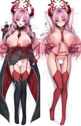 :o armpits arms_behind_head arms_up black_boots black_dress black_gloves blondy_(ldlong) blue_archive blush boots breasts censored clothes_lift demon_girl demon_horns detached_collar dress female gloves halo holding holding_pendulum horns huge_breasts inverted_nipples long_hair looking_at_viewer necktie nude open_mouth panties panty_pull parted_bangs pendulum pink_hair red_garter_belt red_garter_straps red_halo red_necktie red_thighhighs satsuki_(blue_archive) short_dress skirt skirt_lift solo teeth thigh_boots thighhighs underwear upper_teeth_only white_panties yellow_eyes