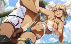 bikini blue_eyes breasts breasts_out brown_hair censored choker clothing_aside dark-skinned_male eunie_(xenoblade) female headwings light-skinned_female male mosaic_censoring nipples one_eye_closed outdoors partially_clothed pinkseito pussy sex swimsuit taion_(xenoblade) tan_skin tanlines tanned vaginal_penetration xenoblade_(series) xenoblade_chronicles_3