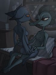 2017 anthro ass bea_santello bedding bedroom black_fur blanket breasts brown_eyes claws clothed clothing crocodile crocodilian duo feline female flat_chested fur green_scales half-closed_eyes hand_behind_back hand_on_thigh hi_res inside interspecies mae_borowski mammal middry night_in_the_woods nipples on_lap panties pillow reclining red_eyes reptile scales scalie sideboob sitting_on_lap skinny small_breasts story story_in_description straddling topless underwear window yuri