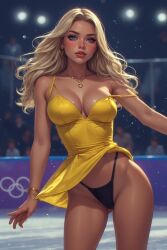 1girls ai_generated audience black_thong blonde-haired_female blonde_female blonde_hair blonde_hair_female blue_eyes blush blushed_face blushing_at_viewer blushing_female cleavage dress dress_up female female_focus female_only figure_skater figure_skating getting_watched having_fun horny_female necklace olympic_games olympic_rings olympics perfect_body perfect_boobs perfect_legs perfect_tits performance performer performing seductive seductive_body seductive_expression seductive_eyes seductive_female seductive_gaze seductive_look seductive_mouth seductive_pose seductive_smile shy shy_expression shy_female shy_girl shy_smile skating watched winter yellow_dress