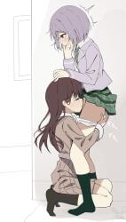 2girls absurdres bang_dream! bang_dream!_it's_mygo!!!!! black_socks blazer blush brown_eyes brown_hair brown_shirt brown_skirt brown_socks closed_mouth clothes_lift collared_shirt commentary cunnilingus diagonal-striped_clothes diagonal-striped_necktie from_side full_body green_necktie green_skirt grey_hair grey_jacket hand_on_another's_head hand_on_own_face hands_up haneoka_school_uniform highres jacket kneeling long_hair long_sleeves looking_down motion_lines multiple_girls necktie open_clothes open_jacket oral panties panty_pull partially_colored plaid_clothes plaid_skirt pleated_skirt school_uniform shiina_taki shirt short_hair skirt skirt_lift socks soha_(sirohase) sound_effects striped_clothes takamatsu_tomori tongue tongue_out underwear white_panties wing_collar yuri