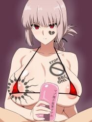 1boy absurdres alternate_breast_size_(larger) areola_slip artificial_vagina bbw bikini blacked braid braided_ponytail breasts broken_heart collarbone commentary_request excessive_tattoos expressionless eyelashes fate/grand_order fate_(series) female florence_nightingale_(fate) handjob heart highres huge_breasts looking_at_viewer micro_bikini migikoba onahole_handjob penis pov puffy_nipples purple_background raceplay red_bikini red_eyes sex_toy shadow sidelocks small_penis spade_tattoo sperm_circle_tattoo sph swimsuit upper_body