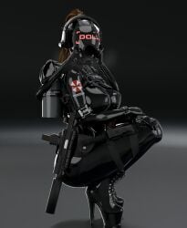 1girls 3d blender breath breath_play brown_hair clothed_female corset cuff_(restraint) drone droneification female female_only fetish gas_mask gun_holster headgear headphones hi_res high_heel_boots high_heels high_resolution holster knife latex latex_clothing latex_hood latex_suit life_is_strange life_is_strange:_double_exposure max_caulfield max_caulfield_(double_exposure) mind_control neck_corset nipple_bulge platform_heels ponytail resident_evil rubber shiny_clothes skyebunny solo solo_female squatting steam submachine_gun suppressor tactical_gear tight_clothing umbrella_corporation