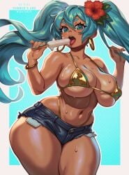 aqua_eyes aqua_hair aqua_nails artist_name bikini blue_background brazilian_miku breasts contrapposto curvy dark-skinned_female dark_skin denim denim_shorts dripping earrings exposed_pocket female flower food gold_bikini hair_flower hair_ornament hatsune_miku highres holding holding_food holding_own_hair holding_popsicle hoop_earrings jewelry large_breasts licking long_hair looking_at_viewer melting_popsicle micro_bikini micro_shorts midriff navel neolurker outline popsicle short_shorts shorts skindentation solo sweatdrop swimsuit tan thick_thighs thighs twintails two-tone_background vocaloid white_background wide_hips