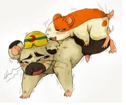 all_fours anal balls blush boss_(hamtaro) cheeselegs_(artist) closed_eyes clothed clothing feral hamster hamtaro hamtaro_(series) hat male mammal open_mouth partially_clothed penis rodent shaking simple_background yaoi