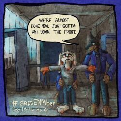 1:1 airport anthro bite biting_lip blush bottomwear bulge canid canine canis clothing denim denim_bottomwear denim_clothing dialogue digital_media_(artwork) dobermann domestic_dog embarrassed english_text erection erection_under_clothing frisking hands_on_waist hi_res jeans kittee_mortis lagomorph leporid male mammal pants pinscher public rabbit security security_guard smile speech_bubble spread_arms sweater text topwear unwanted_erection