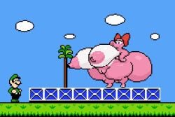 1boy 1girls 2d animated anthro big_ass big_breasts birdo blue_sky blue_sky_background bow bow_on_head clouds dinosaur duo enormous_ass enormous_breasts female gigantic_ass gigantic_breasts grass hat huge_ass huge_breasts large_ass large_breasts looking_at_another luigi male male/female mammal mario_(series) massive_ass massive_breasts nintendo nipples no_sound nude outdoors pink_bow pink_skin pixel pixel_animation pussy reptile scalie super_mario_bros._2 tagme the_inclined_trunk video