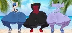 1boy 2024 2girls animated animated_image anthro arms_behind_head ass ass_chart ass_comparison ass_focus asstronsfw back back_towards_viewer back_view backboob background backview bismuth_(gardesnorela) black_skin blue_body blue_sky blush boardwalk breasts casual_nudity chart chiyo1000nights cinderace cloud clouds commission commissioner_upload cyntheia_(ectoperier) day embarrassed exhibitionism fecharis female femboy floating_head furry gardesnorela geministarsign ghost high_heels hips horn horns huge_ass huge_breasts huge_thighs large_ass large_breasts lecheryamoreva longer_than_10_seconds male milf multiple_females multiple_girls nintendo nude ocean original_character outside palm_tree pokemon pokemon_ss public rabbit rabbit_ears robe robe_only sea shaking shaking_ass shaking_butt shieldshroud shiny_pokemon shorter_than_30_seconds smile smiling smug smug_face sound space_funeral space_funeral:_toothisle_vacation squatting tagme teasing thick_ass thick_hips thick_legs thick_thighs trio twerk twerking twerking_at_viewer twerkoff two-tone_body video white_body ych