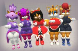 3d 5girls bedroom_eyes blaze_the_cat breasts clothed female honey_the_cat huge_ass huge_breasts plain_background sally_acorn see-through_clothing sega smile sonia_the_hedgehog sonic_(series) sonic_the_hedgehog_(series) tails_the_fox tailsko vrchat