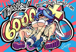 blue_hair blush breasts clothing color english_text female female_only footwear gerph gun large_breasts mayonnaise sharp_teeth shoes short_hair sitting skarp_world skarpne_(skarp_world) solo splatoon text torn_clothes uncensored underboob weapon yellow_eyes