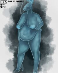 4:5 absurd_res anthro benzfur blue_body clothing female footwear ghost hi_res high_heels lagomorph leporid mammal mature_female nude rabbit shoes slightly_chubby slightly_chubby_female smoking spirit translucent