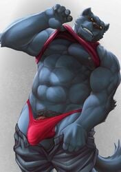 abs anthro balls biceps big_muscles black_eyes black_fur black_nose bomb_(artist) bulge canine claws clothed clothing fur green_eyes jockstrap looking_at_viewer male male_only mammal muscular muscular_male navel nipples pants pants_down partially_clothed pecs penis penis_outline pubes raised_arm shirt solo standing sweat tank_top teeth underwear