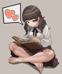 barefoot blouse brown_hair dickgirl dickgirl_only dress_shirt fear_and_hunger fear_and_hunger:_termina feet foot_fetish full_body fully_clothed heart lip_piercing long_hair looking_at_viewer marina_(fear_and_hunger) minami_no_uoza monroe_piercing reading reading_book sitting smile snakebite_piercing solo spoken_heart