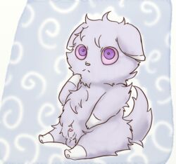 animal_genitalia animal_penis digital_media_(artwork) espurr feline feral fur grey_fur lavilovi male male_only mammal nintendo penis pokemon purple_eyes sheath simple_background slightly_chubby solo video_games