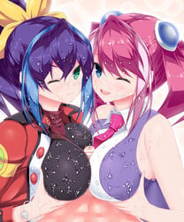 1boy 2girls blue_eyes blue_hair blush bow bracelet_girls breast_hold breast_press breasts calcio censored cum cum_on_clothes cum_on_hair double_paizuri facial green_eyes hairbow highres hiiragi_yuzu large_breasts multicolored_hair multiple_girls multiple_paizuri one_eye_closed paizuri paizuri_over_clothes penis pink_hair ponytail pov serena_(yu-gi-oh!_arc-v) siblings sisters straight symmetrical_docking teamwork twins twintails two-tone_hair yu-gi-oh! yu-gi-oh!_arc-v