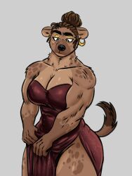 animal_ears anthro breasts dress earrings eyeshadow female fur furry hair_bun hair_tied_back huge_breasts hyena mammal muscles muscular muscular_anthro muscular_arms muscular_female nat_monkey_art shiny_skin snout tail thick_eyebrows thick_thighs thighs