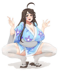 ahoge breasts brown_eyes brown_hair cleavage clothing collarbone feet female full_body geta huge_breasts japanese_clothes large_breasts long_hair looking_at_viewer oh_my_goddess! open_mouth sandals simple_background skuld solo squatting stockings stormcow tattoo thighhighs white_background white_legwear yukata