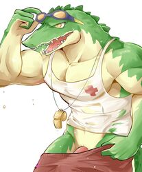 abs anthro chung0_0 clothed clothing colored crocodile crocodilian erection league_of_legends lifeguard male male_only mammal muscular open_mouth pants_down partially_clothed pecs penis pool_party_renekton pool_party_series renekton reptile riot_games scalie shirt simple_background solo tank_top video_games white_background