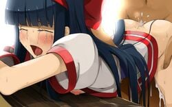 areolae ass bent_over bent_over_table black_hair blush bottomless breasts butt_crack closed_eyes clothed_female_nude_male crying cum cum_on_lower_body cumdrip defeated drooling female hair_ornament highres japanese_clothes legs long_hair nakoruru nipples open_clothes open_mouth partial_male saliva samurai_shodown sex small_breasts snk solo_focus sweat table tears teitetsu_kishidan thighs vaginal_penetration