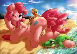 2013 anus applejack_(mlp) ass beach being_watched blonde_hair blue_eyes blush canine cloud cutie_mark dimwitdog earth_pony equine female feral friendship_is_magic fur green_eyes group gummy_(mlp) hair hasbro horse lying mammal my_little_pony orange_fur outside pink_fur pink_hair pinkie_pie_(mlp) pony pussy seaside sky solo_focus tongue tongue_out winona_(mlp)