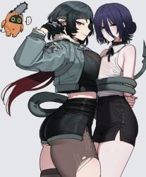 2girls absurdres animal_ears ass ass_focus bangboo_(zenless_zone_zero) big_ass black_hair black_shorts blush blushing breast_press breasts chainsaw_man clothed clothing cosplay crossover embarrassed female female_only green_eyes high-waist_shorts highres jane_doe_(zenless_zone_zero) long_tail medium_breasts mouse_ears mouse_girl mouse_tail multiple_females multiple_girls nervous pantyhose pochita_(chainsaw_man) pochita_(chainsaw_man)_(cosplay) purple_hair ratatatat74 restrained reze_(chainsaw_man) sharp_tail short_hair shorts shy single_leg_pantyhose single_thighhigh standing tail tail_wrap thick thick_ass thick_thighs thighhighs thighs torn_clothes torn_pantyhose trapped white_background wide_hips yuri zenless_zone_zero