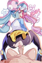 1boy 1girls :d anus ass blue_hair clothed_female_nude_male clothes_lift cosplay female from_behind game_freak gradient_eyes hair_ornament highres hotvr imminent_penetration imminent_vaginal iono_(pokemon) large_penis leggings long_hair looking_back male multicolored_eyes multicolored_hair nintendo nude open_mouth penis pink-haired_female pink_eyes pink_hair pokemon pokemon_bw2 pokemon_sv purple_hair pussy raglan_sleeves rosa_(pokemon) rosa_(pokemon)_(cosplay) sex sharp_teeth skirt skirt_lift smile split-color_hair straight teeth torn_clothes torn_leggings twintails uncensored very_long_hair visor_cap yellow_eyes