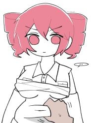 ... 1girls angry angry_face big_breasts ccitrus0 chubby chubby_female collared_shirt color dark-skinned_male fat female female_focus furrowed_brow kasane_teto looking_at_viewer pov red_eyes red_hair speech_bubble squishing_belly twitter_link underboob utau white_background