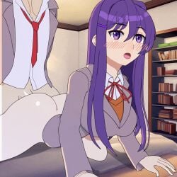 1boy 1girls amplected animated ass backshots bed big_breasts blush bottomless breasts bubble_butt doggy_style doki_doki_literature_club female male purple_eyes purple_hair sex sex_from_behind yuri_(doki_doki_literature_club)