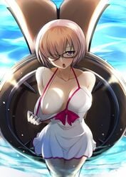 bare_shoulders breasts collarbone fate/grand_order fate_(series) female glasses hair_over_one_eye highres kurosawa_shouichi lavender_hair nipples open_mouth purple_eyes shield shielder_(fate/grand_order) swimsuit_pull water