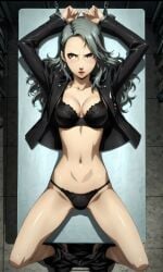 ai_generated angry arms_up bondage bra breasts chains cleavage exposed_belly exposed_torso female grey_hair lacy_panties lingerie lying_on_back open_jacket panties pants_down perky_breasts persona persona_5 restrained round_breasts sae_niijima shackles skinny slim_waist table thong