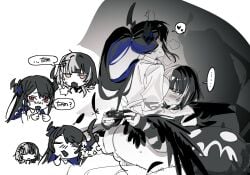 2girls :< :3 :t =_= absurdres arm_warmers ass asymmetrical_horns blue_hair blunt_bangs blush blush_stickers bottomless breath character_doll chibi chibi_inset clothed_sex colored_inner_hair controller cowgirl_position cushion demon_girl demon_horns demon_wings doll dress_shirt ear_blush falling_feathers feathered_wings feathers female flipped_hair furrowed_brow futa_on_female futa_with_female futanari game_controller greyscale hair_ornament highres holding holding_controller holding_game_controller hololive hololive_english horns imagining index_fingers_together intersex jewelry jitome long_hair middle_ring monochrome multicolored_hair multiple_females multiple_girls multiple_rings multitasking nerissa_ravencroft nerissa_ravencroft_(casual) nose_blush open_mouth ponytail pout pussy red_eyes ring sex shadow shiori_novella shiori_novella_(1st_costume) shirt speech_bubble split-color_hair straddling streaked_hair striped_arm_warmers sweatdrop thought_bubble translation_request two-tone_hair uneven_horns vaginal_penetration virtual_youtuber wings wolf_cut yellow_eyes yomosaka yorick_(shiori_novella)