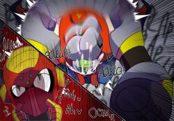2023 2boys boomer_kuwanger cum_while_penetrating eyes_rolling_back flame_mammoth gray_background grey_background heart iothnas looking_pleasured male/male mating_press mega_man mega_man_x plap plap_(sound) pounding red_background rolled_back_eyes speed_lines split_screen yaoi