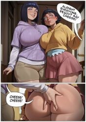 2girls ai_generated blush boruto:_naruto_next_generations breasts clothed_female female female_only fingering futagenn huge_ass huge_breasts hyuuga_hinata incest mother_and_daughter naruto naruto_(series) no_panties short_hair stealth_fingering text thick_thighs uzumaki_himawari uzumaki_hinata wide_hips yuri