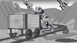 3d_(artwork) 4_toes animal_genitalia ankle_cuffs anthro barefoot blender_(artwork) bound bucket chained chains collar container cuff_(restraint) detailed_background digital_media_(artwork) feet forced_labor genital_slit genitals gradient greyscale greyscale_background hi_res horn landscape lizard lock male metal_collar metal_cuffs minecart mitokep monochrome nude nude_anthro nude_male onase outside padlock padlocked_collar plank puddle railway_track reptile restraints rock scalie servitude shackles slave smoke solo submissive submissive_male tail toes vehicle wagon wood