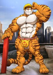 2017 abs anthro barefoot biceps big_biceps big_muscles black_claws brown_eyes brown_fur brown_stripes brown_tail building bulge city claws clothed clothing detailed_background english_text feline fur grisser hi_res huge_muscles jockstrap long_tail looking_at_viewer male male_only mammal multicolored_skin muscular muscular_arms muscular_legs muscular_male navel orange_fur orange_skin orange_tail outside pecs penis_outline pink_nose pose raised_arm sky smile solo standing striped_tail stripes text tiger toe_claws toes topless underwear white_fur white_skin