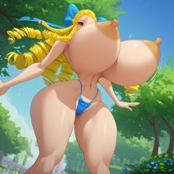 1girls ai ai_generated alternate_breast_size blaste blonde_hair blue_bikini blue_ribbon breasts busty busty_goddess curvy curvy_body curvy_female curvy_figure drill_hair female female_focus female_only gigantic_breasts gravity_defying_breasts hyper hyper_breasts karin_kanzuki large_areolae long_hair looking_at_viewer micro_bikini ribbon_in_hair sexy sexy_body street_fighter thick_thighs thin_waist topless topless_female trees worm's-eye_view yellow_eyes