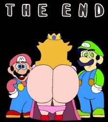 1girls 2boys 2boys1girl ass ass_bigger_than_head bare_ass big_ass clothing crown dress enormous_ass fat_ass female hyper hyper_ass hyper_butt luigi male mario mario_(series) nintendo panties panties_down princess princess_peach royalty simple_background super_mario_bros. super_mario_world vinneylovesu