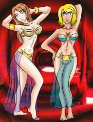 absurdres barefoot big_breasts blonde_hair breasts brown_hair cleavage colette_maplewood_(daveyboysmith9) dancer dancing expressionless female female_only femsub harem harem_girl harem_girls harem_outfit hypnosis large_breasts long_hair midriff original penny_pirillo_(daveyboysmith9) short_hair spiral zorro-zero