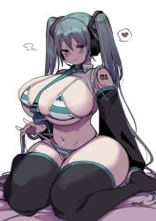 1girls 2026 2d 2d_(artwork) atyumuti bed big_breasts big_thighs bikini blue_bikini blue_eyes blue_hair boobs breasts color colored digital_media_(artwork) female female_only hair hatsune_miku heart hi_res huge_breasts large_breasts legs light-skinned_female light_skin number number_tattoo on_bed sheets simple_background sitting sitting_on_bed smile solo stomach tatoo thick_thighs thighs tie tits vocaloid white_background
