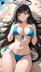 1girls 2025 ai_assisted ai_generated anime artist_name bangs beach bikini black_hair blue_archive blue_bikini breasts bust explicit female hands_on_own_chest hi_res high_quality high_resolution highres laying_down long_hair lying lying_on_back navel on_back patreon patreon_username rio_(blue_archive) seashell shell side-tie_bikini skypassion solo stable_diffusion starfish swimsuit very_long_hair watermark