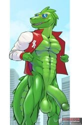 3_fingers abs anthro balls big_balls bottomless circumcised clothed clothing dinosaur eyewear fingers genitals hi_res humanoid_genitalia humanoid_penis iudicium86 jacket jacket_only letterman_jacket male muscular outdoor_nudity penis prehistoric_species public reptile rocky_d scalie solo sunglasses topwear topwear_only