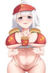 1girls belly_button bra breasts burger cap ember_amane ember_amane_(emburger) female female_only food french_fries fries furezie grey_hair huge_breasts light-skinned_female light_skin lingerie lingerie_only looking_at_viewer panties phase_connect phase_connect_bra phase_connect_cap phase_invaders purple_eyes red_bra red_panties simple_background smile solo virtual_youtuber visor_cap white_background