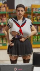 1girls 3d 3d_(artwork) big_ass big_breasts black_skirt breasts condom dodik3d earrings exposed_breasts female glock grand_theft_auto grand_theft_auto_vi green_eyes grocery_store huge_breasts indoors japanese_clothes japanese_clothing latina lucia_caminos nipple_exposed pistol puerto_rican red_necktie school_uniform schoolgirl shirt_lift skirt socks solo solo_female stockings thick_thighs weapon white_top white_topwear